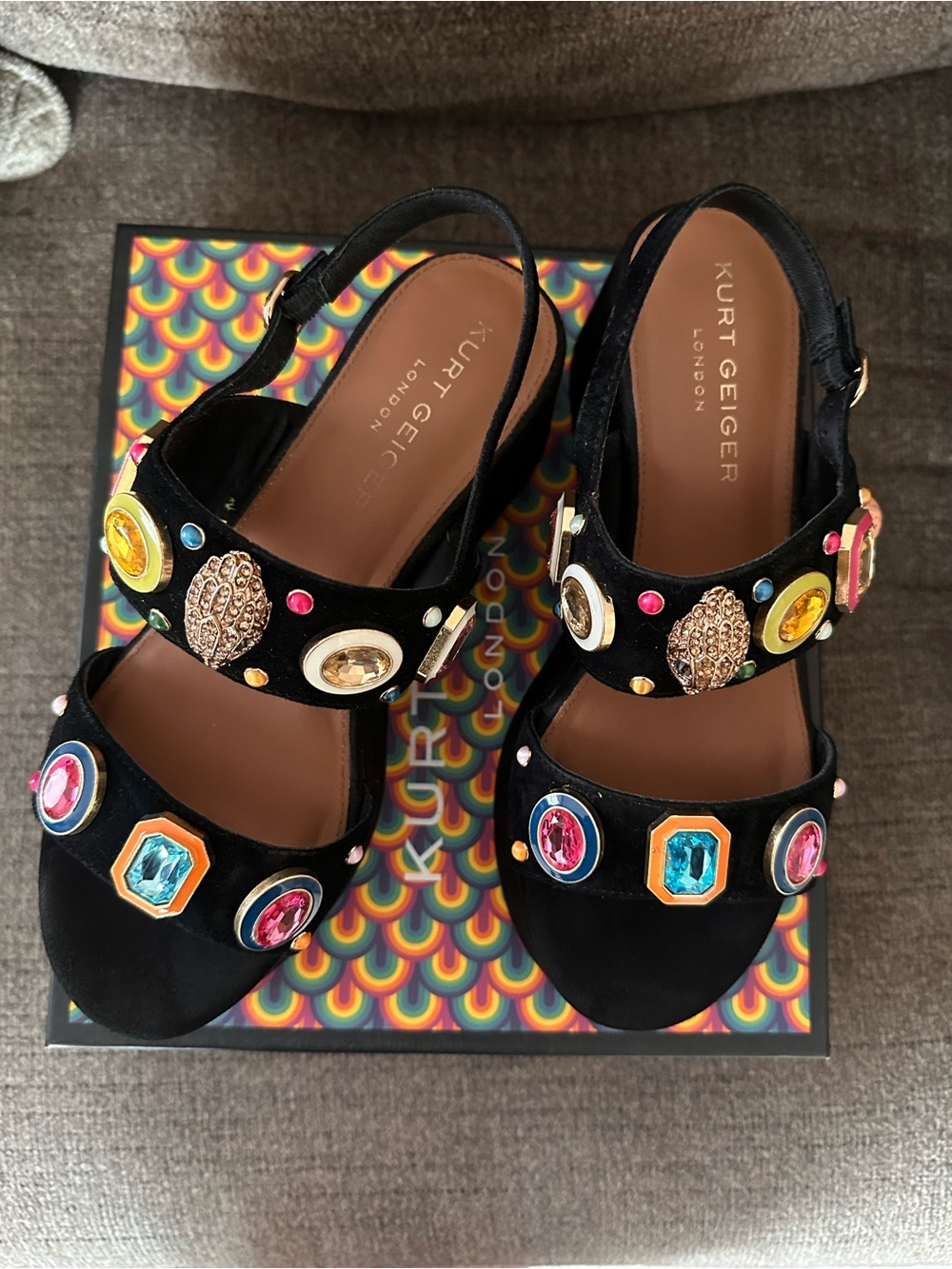 Kurt Geiger Black Velvet Jeweled Platform Sandals - Picture 3 of 8